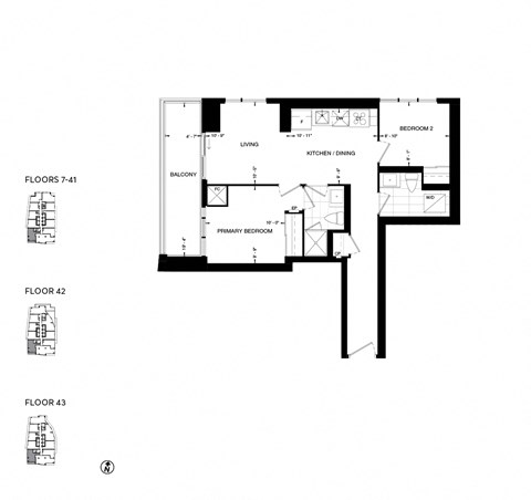 Floor plan for 2 beds, 1.5 baths, 684 sqft
